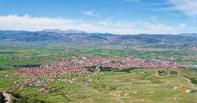 Panorama of Korça, Albania seen from viewpoint Kryqi Moravë