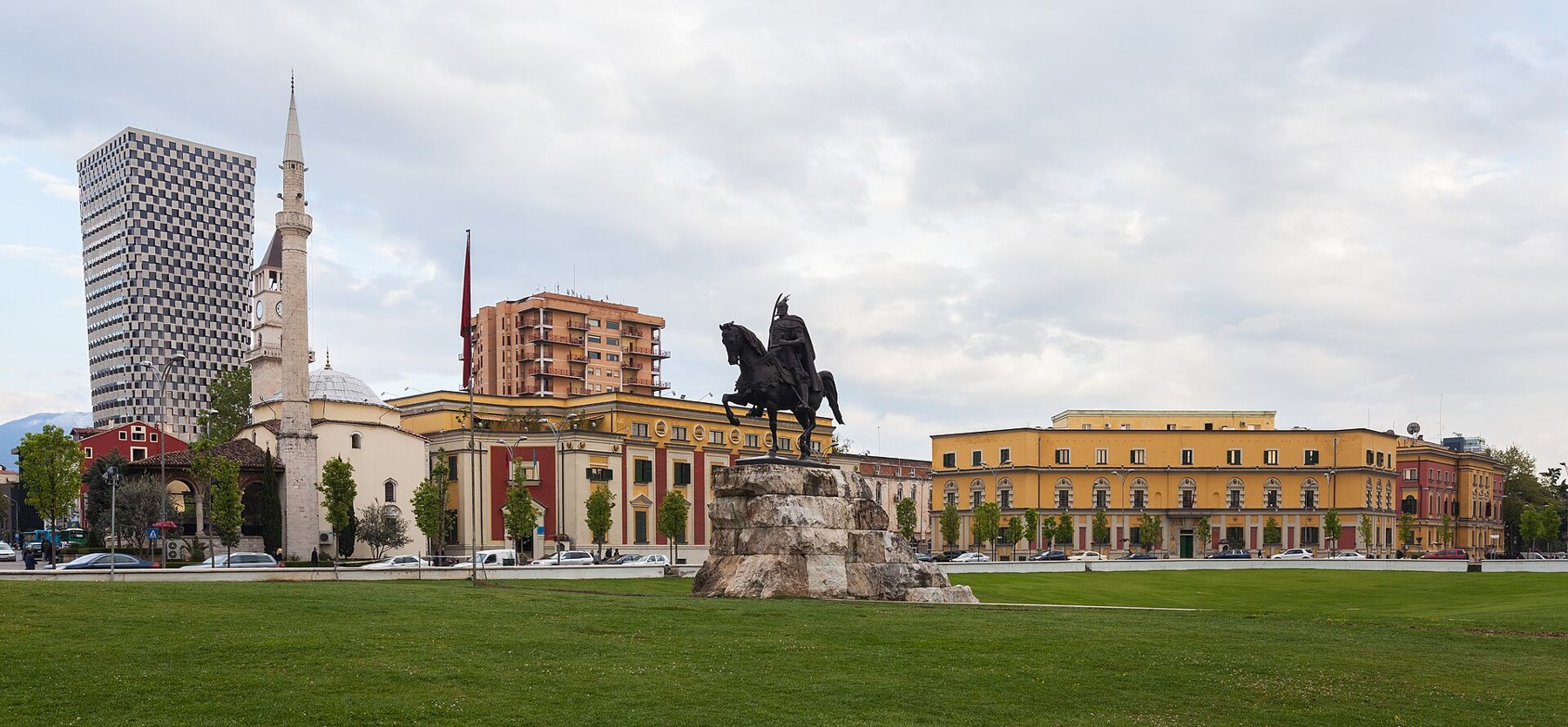 Skanderbeg Square in Tirana, with the Skanderbeg monument, the Et’hem Bey Mosque and the clock tower