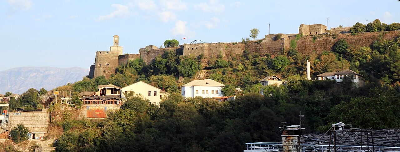 View on the part of Gjirokastër Fortress in the town Gjirokastër in Albania , September 2018