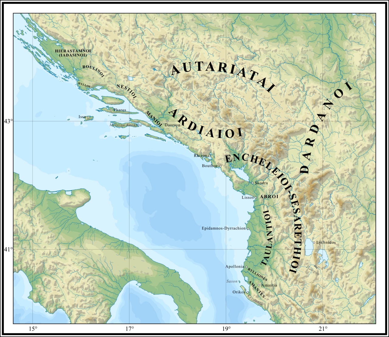 Map depicting the Illyrians in the 7th–4th centuries BC (tribal distribution and settlement locations).