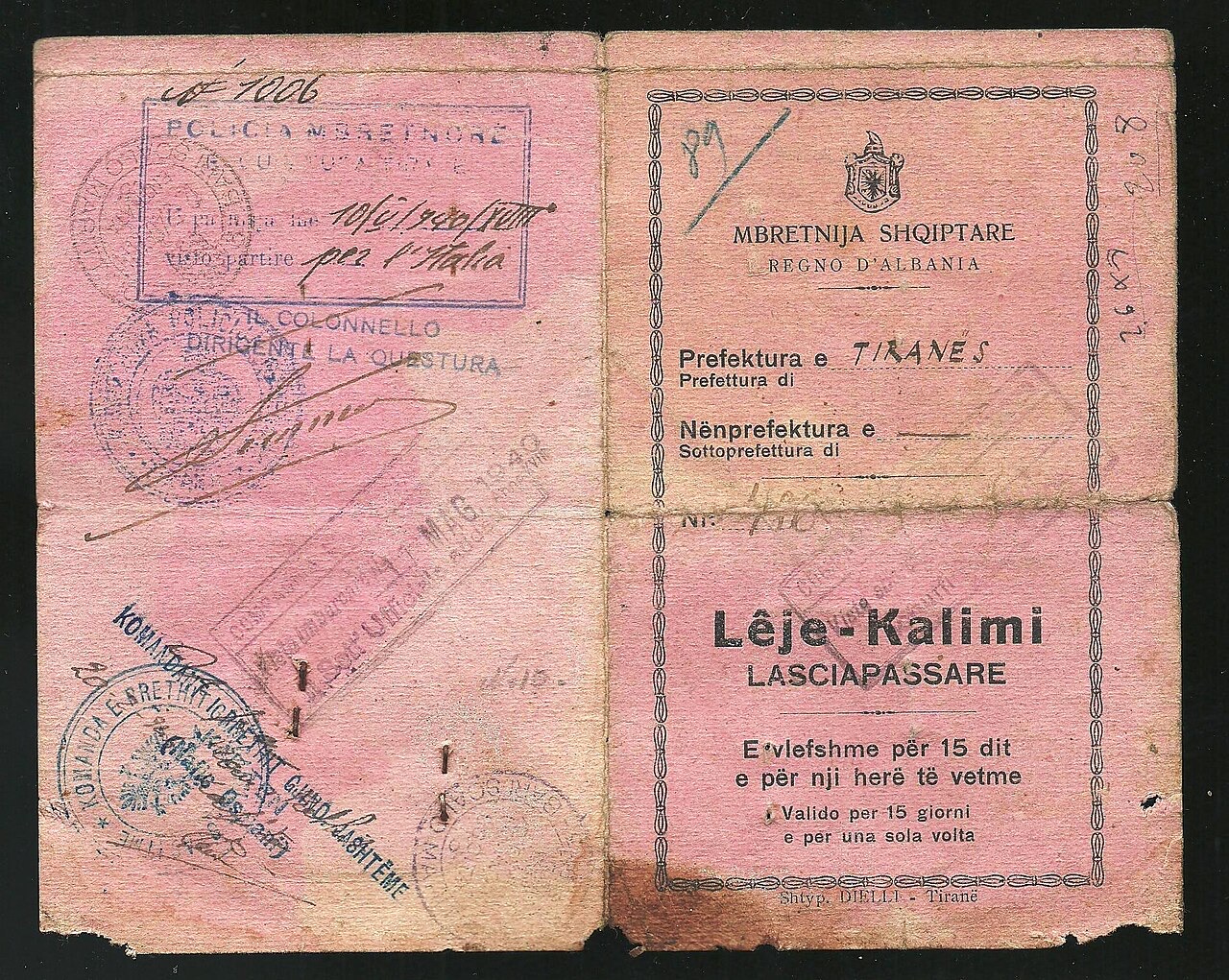 1940 Albanian Kingdom Laissez Passer issued for traveling to Fascist Italy after the invasion from the previous year.