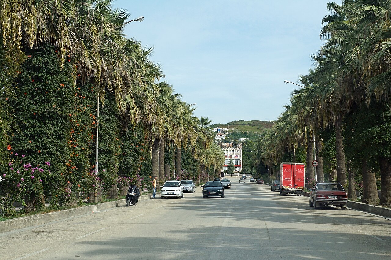 Boulevard leading to the main square in downtown Kuçovë, Albania