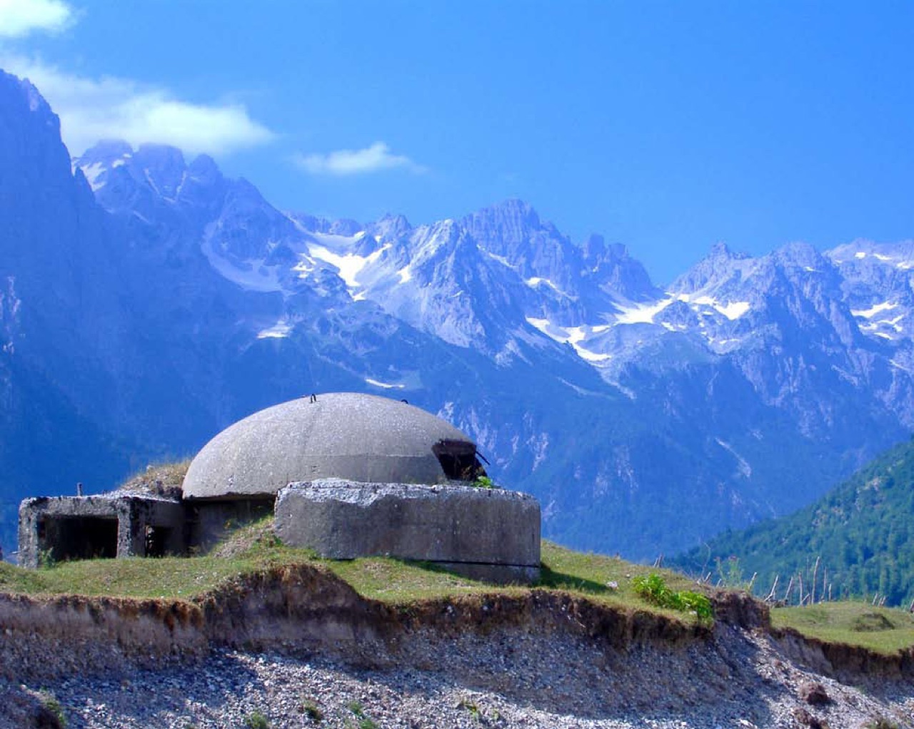 A Qendra Zjarri bunker in the Albanian Alps at Valbona