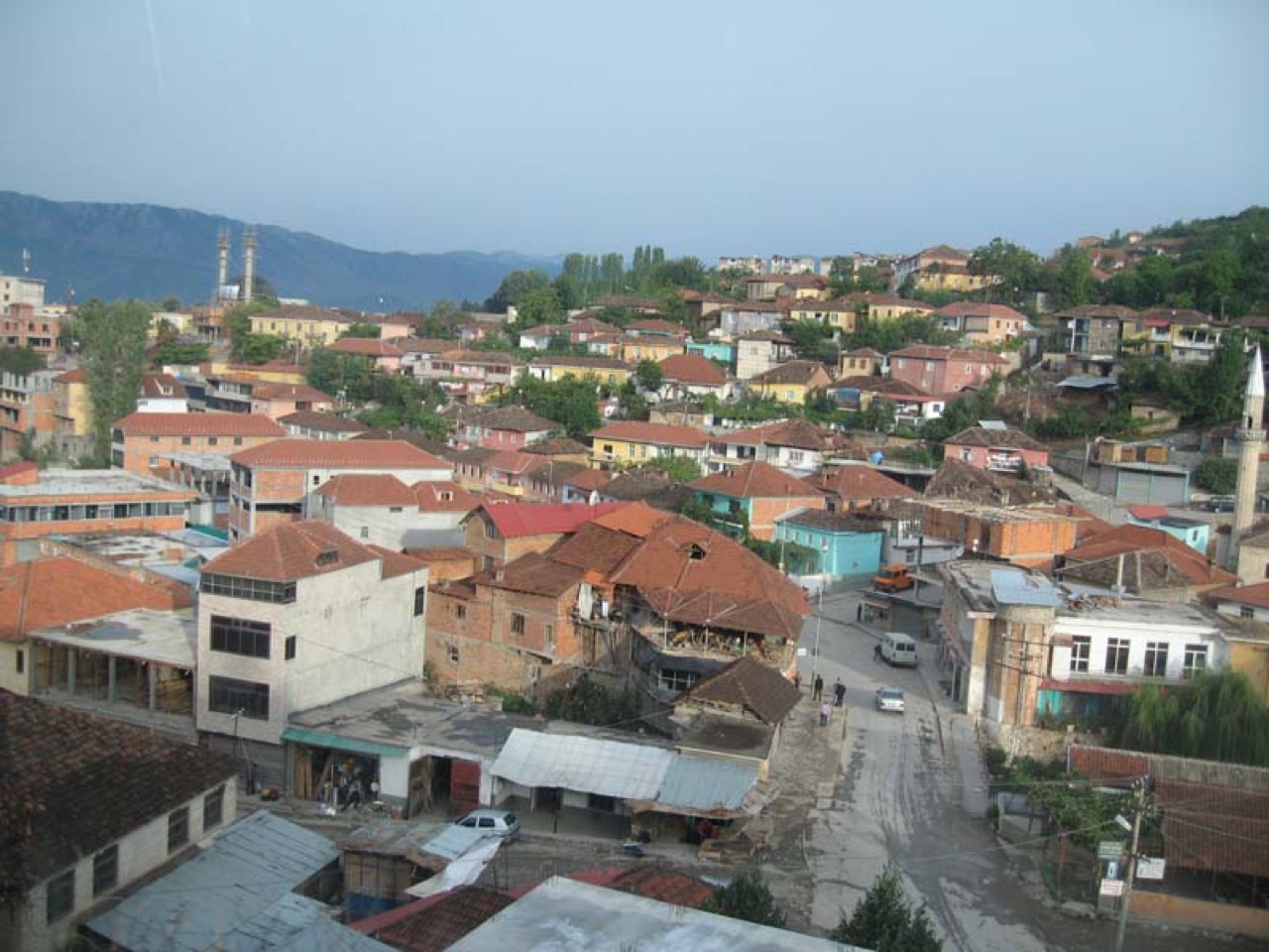 The center of Peshkopi, Albania, as seen from the road into the neighborhood of Dobrovë.