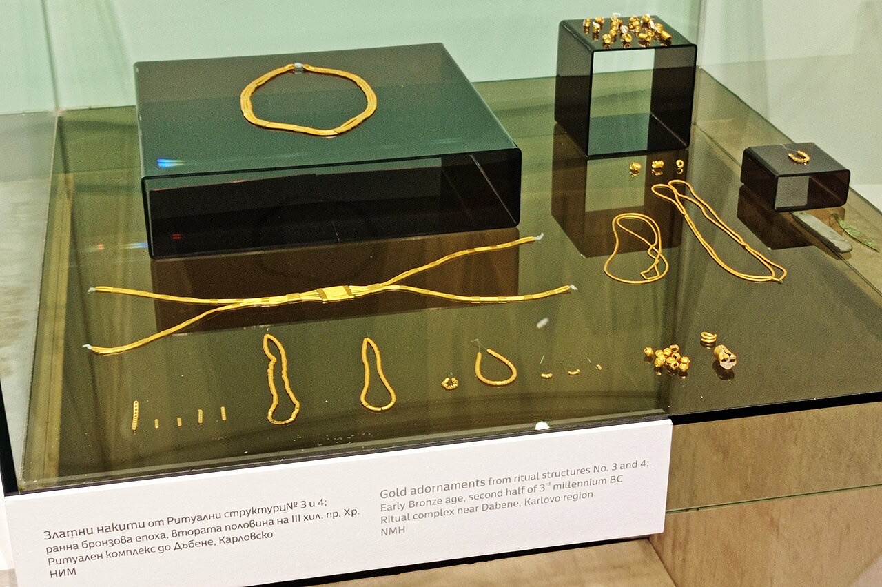 Gold jewelry from the early Bronze Age. The second half of the 3rd millennium BC. Dabene, Karlovo region, Bulgaria.