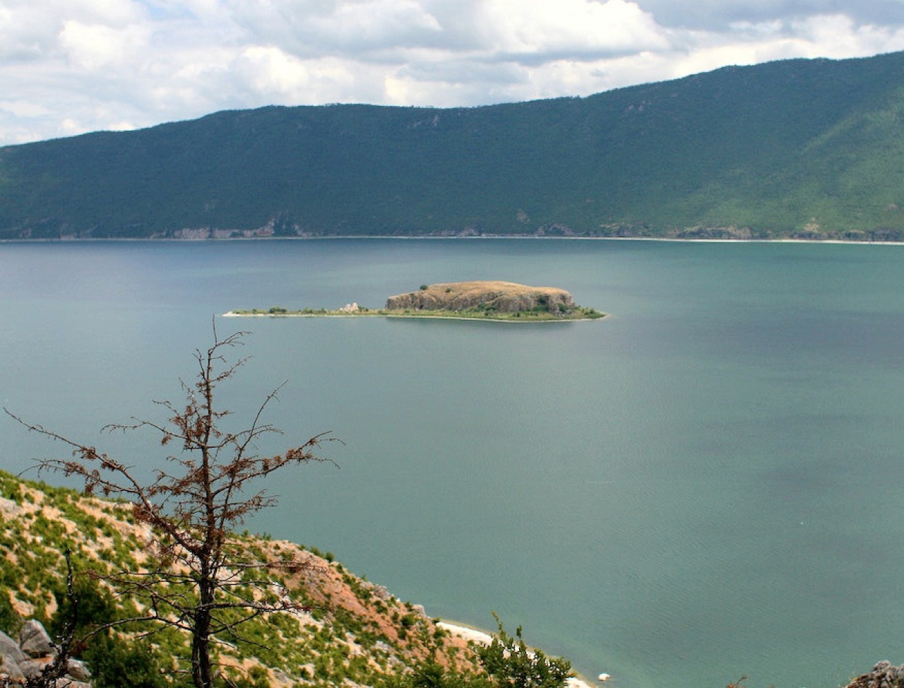 Lake Prespa and Maligrad island from the Albanian shore