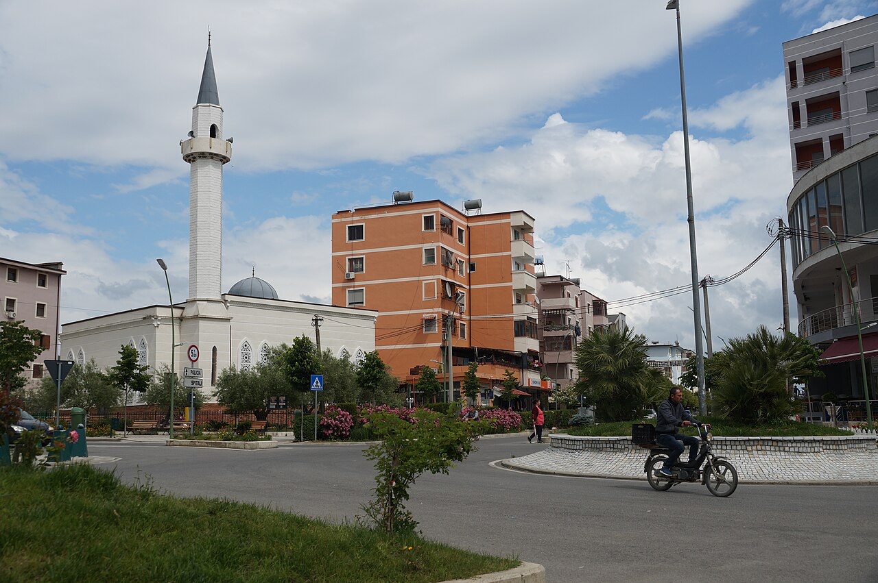 Central crossroad in the town of Rrogozhina, Albania