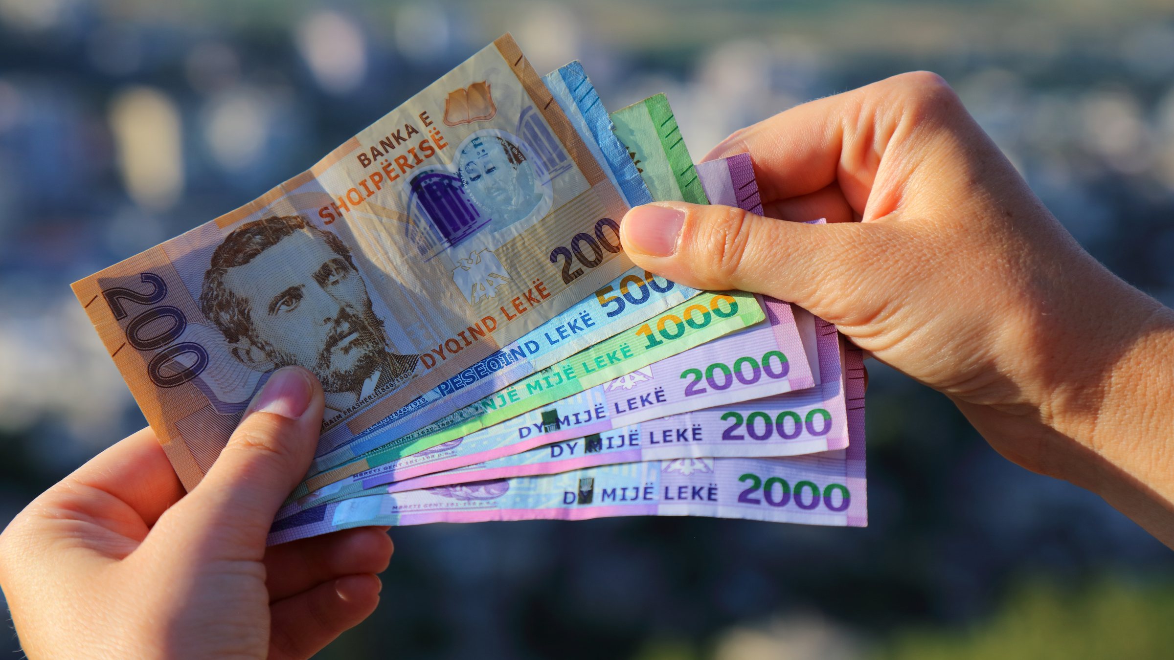 Albanian lek banknotes in hand