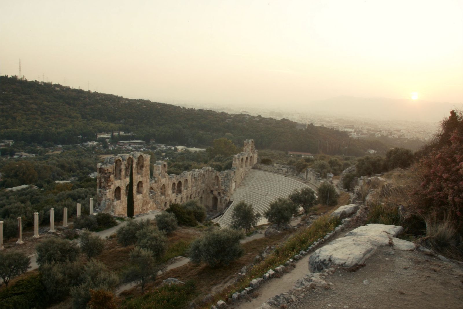 Ruins of an ancient stone theatre among olive trees on a hilltop at dusk