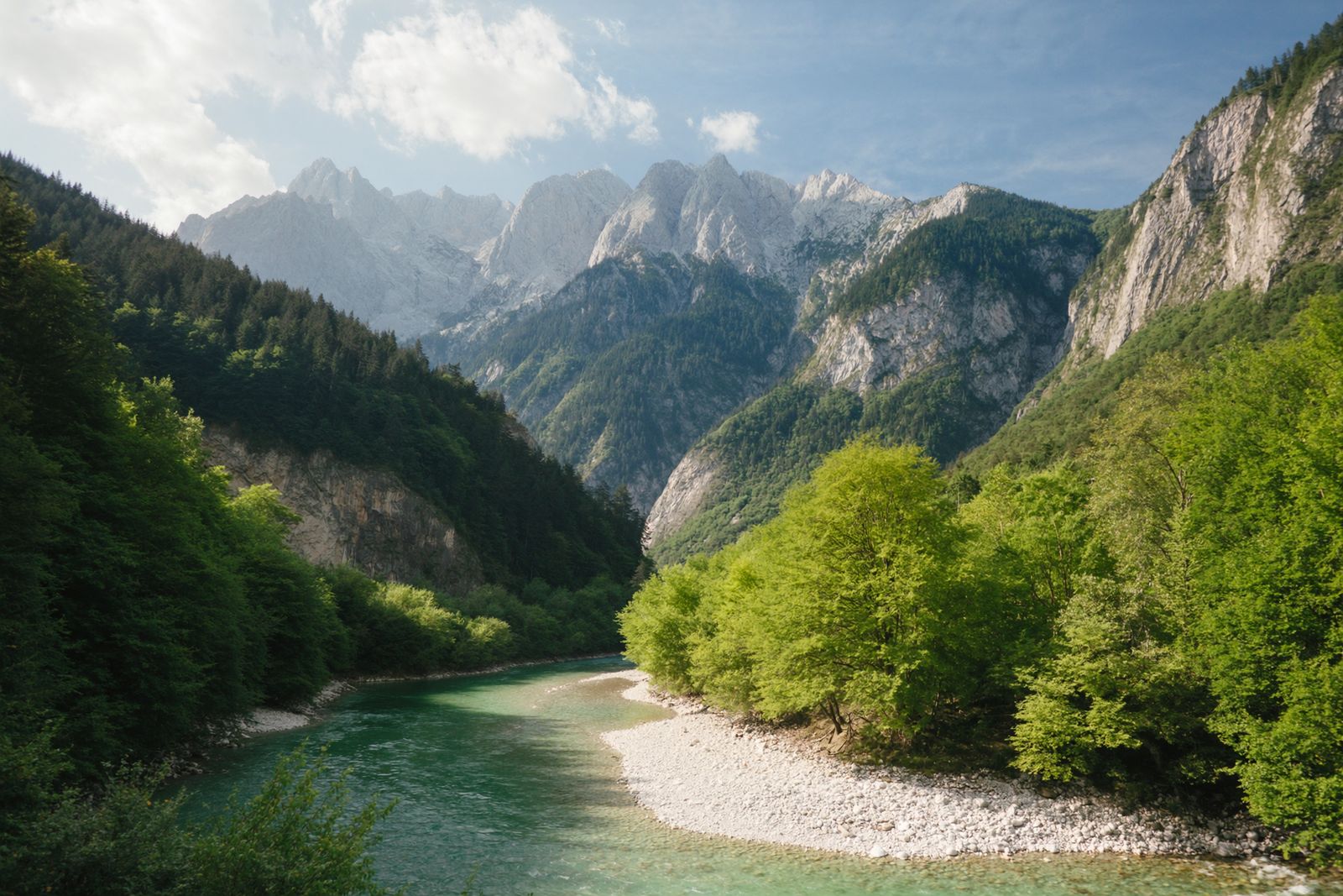 A turquoise mountain river running over white stones beneath forested slopes and jagged limestone peaks