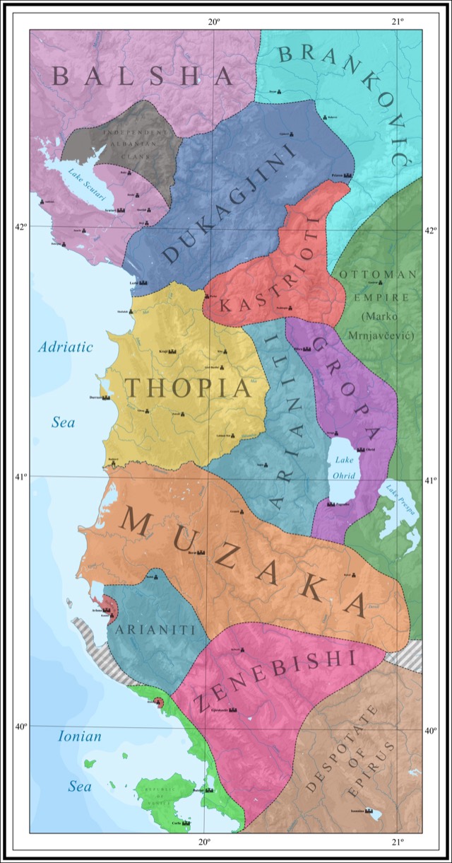 Map depicting the Albanian principalities over the territories of modern Albania and surroundings, around 1390.