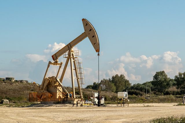 An oil pump in the open production field at Marinëz, Fier, Albania
