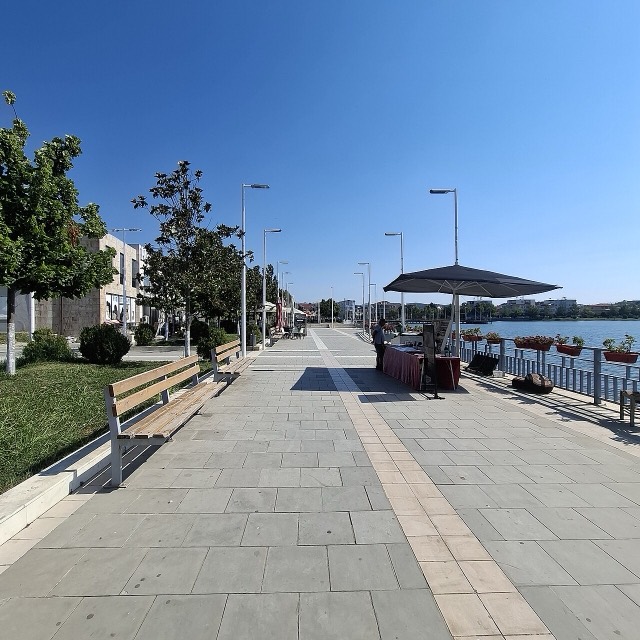 Main square of Belsh in Albania in summer.