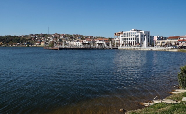The refurbished center of Belsh with its lake, Albania