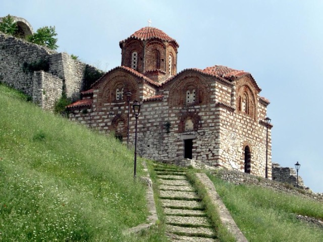 The 14th century Church of the Holy Trinity (Kisha Shen Triadha) in Berat Castle, Albania, displays typical Byzantine architectural characteristics.