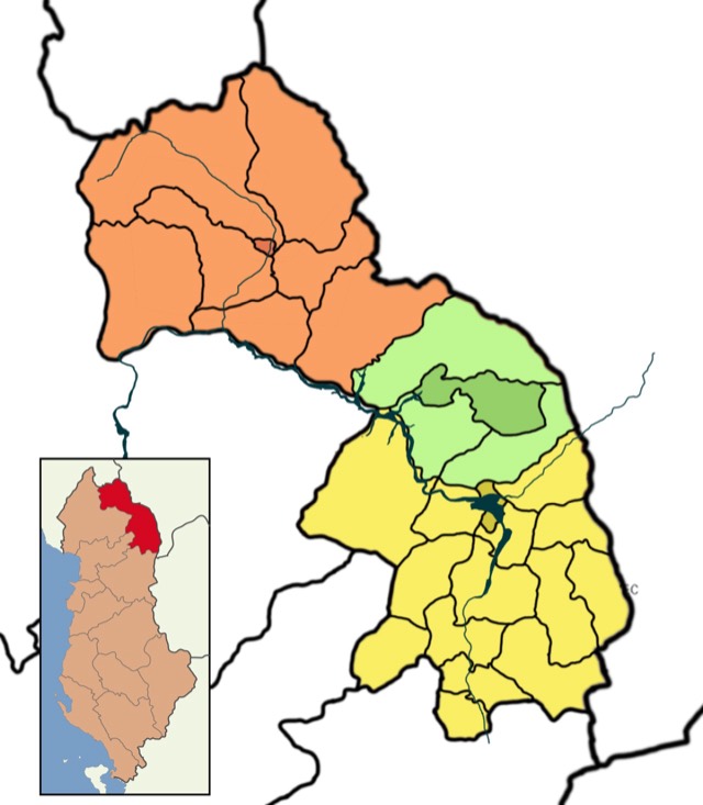 Administrative divisions of Kukës County, Albania; yellow = Kukës municipality, green= Has municipality, red = Tropojë municipality