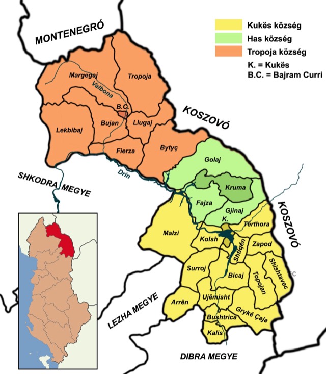 Administrative divisions of Kukës County, Albania; yellow = Kukës municipality, green= Has municipality, red = Tropojë municipality