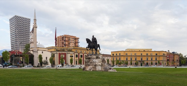 Skanderbeg Square in Tirana, with the Skanderbeg monument, the Et’hem Bey Mosque and the clock tower