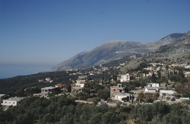 Dhërmi in South Albania in 2003 – view towards Llogara Pass from the Southern end of the village