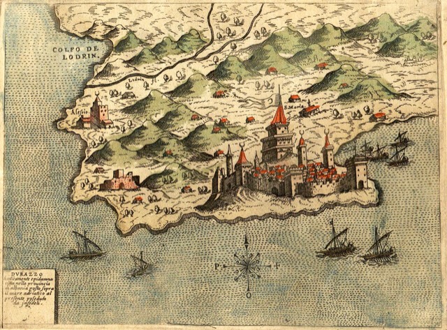 Durrës enligt historisk karta, ritning av Simon Pinargenti 1573.
