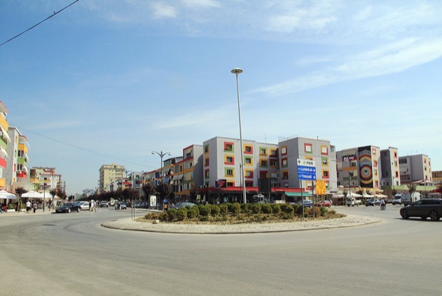 The roundabout in the center of the town Fier , Albania , September 2018