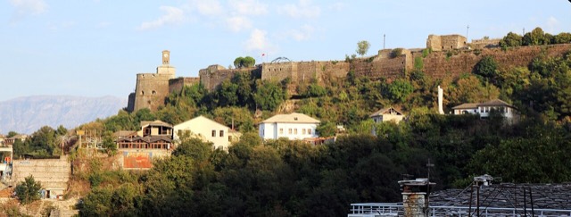 View on the part of Gjirokastër Fortress in the town Gjirokastër in Albania , September 2018