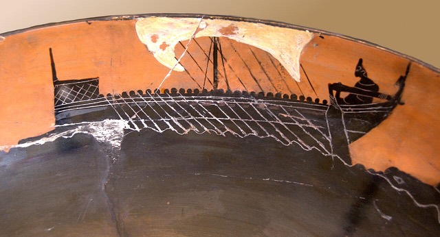 Boats cup, detail of the interior showing a frieze of five boats in contest. Attic black-figured cup, ca. 520 BC. From Cerveteri.