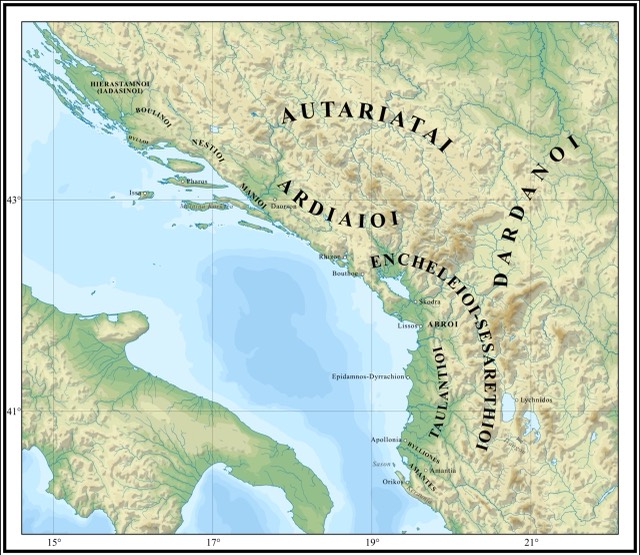 Map depicting the Illyrians in the 7th–4th centuries BC (tribal distribution and settlement locations).