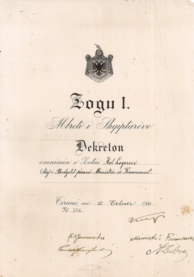 Mbreti Zogu I dekreton Kolë Logoreci si Shef I Buxhetit, The Zog Years, Albania