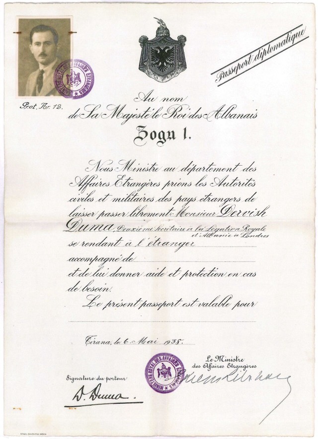 Diplomatic passport issued during the years of the Albanian Monarchy