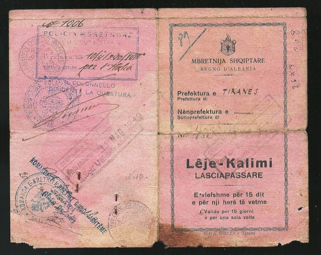 1940 Albanian Kingdom Laissez Passer issued for traveling to Fascist Italy after the invasion from the previous year.