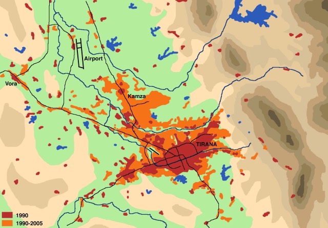 Schematical illustration of the population development (settlement area, commercial zones) in the region of Tirana from 1990 to 2005
