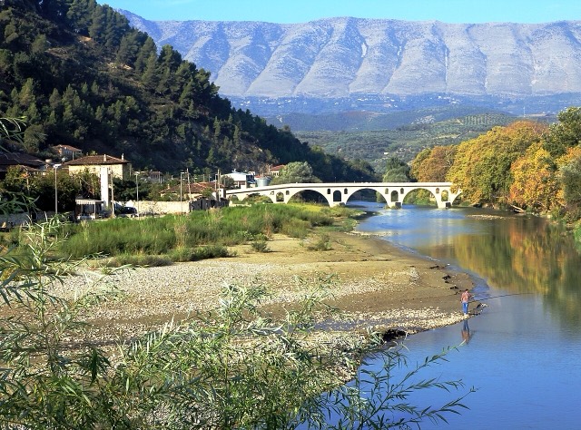 The Gorica Bridge over the river Osum in the town Berat , central Albania , September 2018