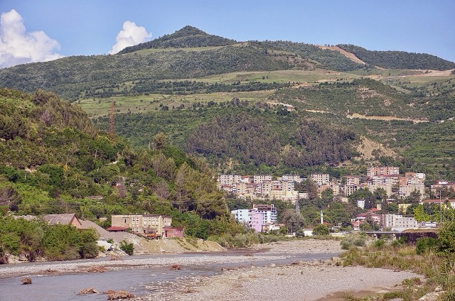 View of Çorovodë, Skrapar, Albania with the Osum river