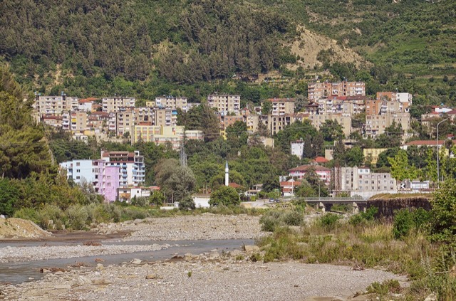 View of Çorovodë, Skrapar, Albania with the Osum river