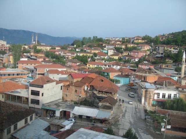 The center of Peshkopi, Albania, as seen from the road into the neighborhood of Dobrovë.