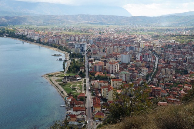 Pogradec, Albania, at Lake Ohrid seen from Kalaja hill.