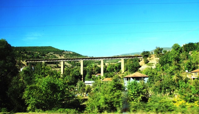 The old, not used railway bridge near of Prrenjas , small town in eastern Albania , September 2018