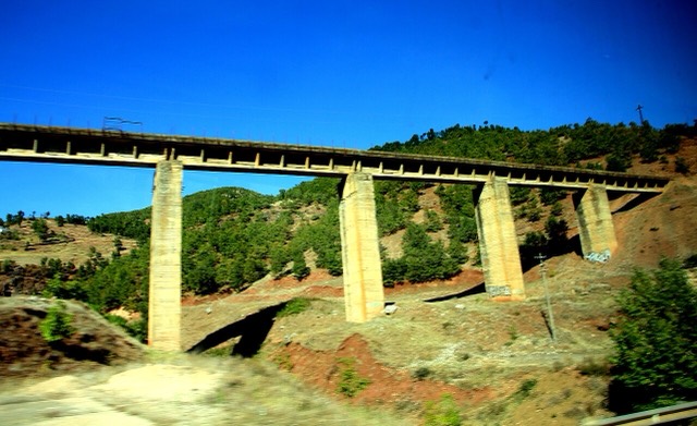 The old, not used railway bridge near of Prrenjas , small town in eastern Albania , September 2018