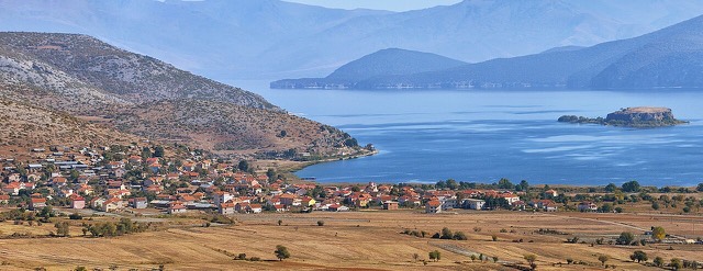 The Lake Prespa with village Pustec/Liqenas and with Maligrad Island