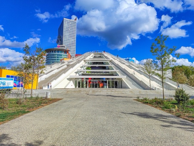 Pyramid of Tirana, with European Trade Center and Downtown One in the background.