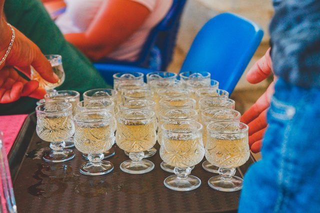 Glasses of raki on the table, Shkodër, Albania