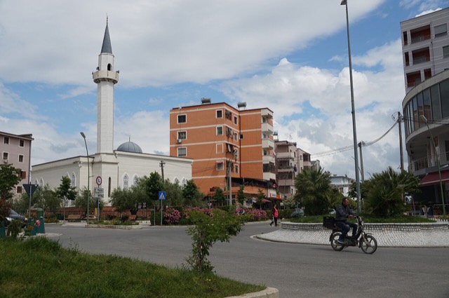 Central crossroad in the town of Rrogozhina, Albania