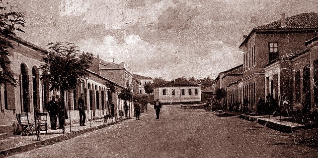 This is a picture of the center of the town of Shijak, Albania in 1927.