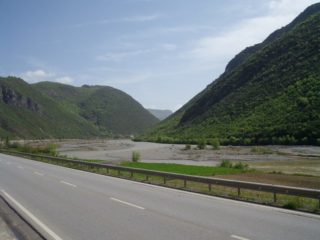 A valley of the Shkumbin river in Albania, as seen from a train between Elbasan and Librazhd