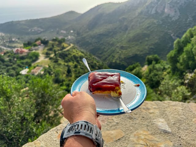 A plate of trileçe above the Albanian Riviera, seen from Himarë Castle