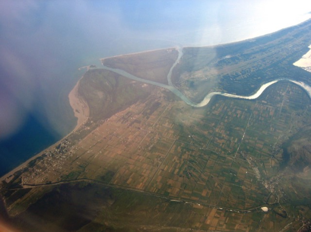 Mouth of the river Bojana/Buna in Northern Albania/Montenegro. The Albanian beach resort Velipoja to the left, Montenegro on the top of the picture.